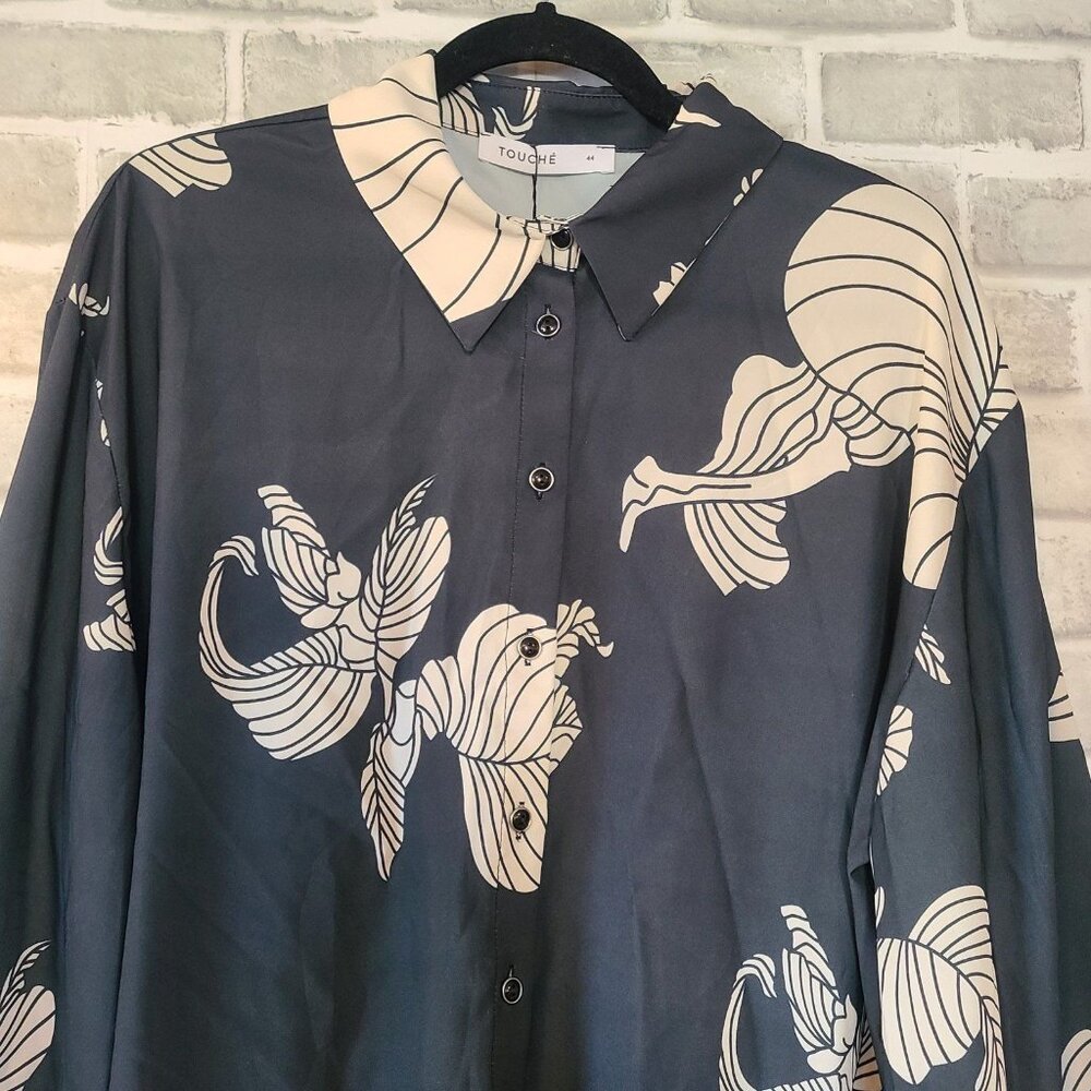Touche Prive Black White Satin Patterned Shirt Blouse Top EU 44 US 14-16 NWT - Picture 3 of 8